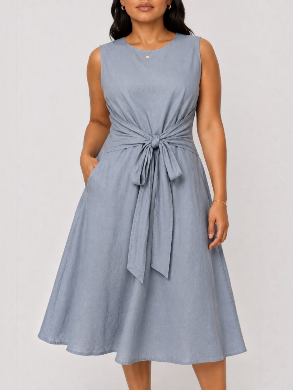 Malvin Germany Linen Ramie Tie Front Midi Dresss Grey Blue Coastal Minimalist XL